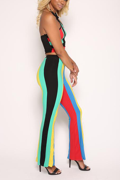 Sexy Dew Shoulder Sleeveless Striped Patchwork Green Polyester Two-piece Pants Set