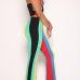 Sexy Dew Shoulder Sleeveless Striped Patchwork Green Polyester Two-piece Pants Set