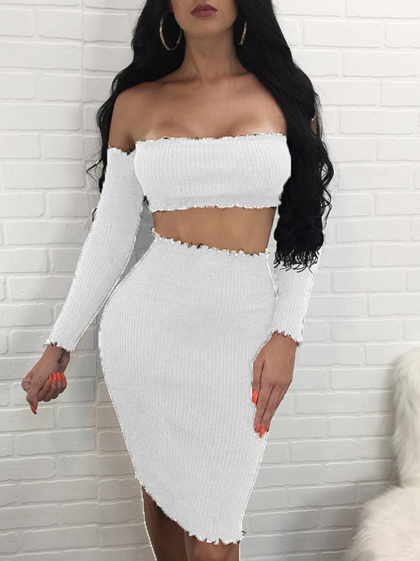 Sexy Dew Shoulder White Cotton Blend Two-piece Skirt Set