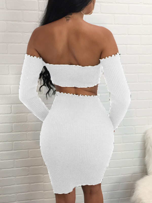 Sexy Dew Shoulder White Cotton Blend Two-piece Skirt Set