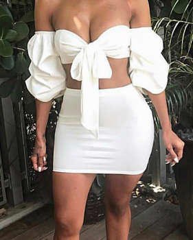 Sexy Dew Shoulder White Polyester Two-piece Skirt Set