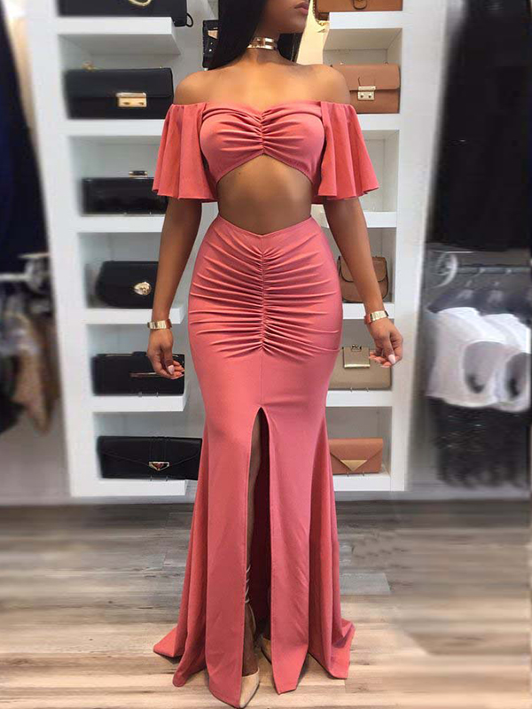 Sexy Drape Design Red Polyester Two Piece Skirt Set