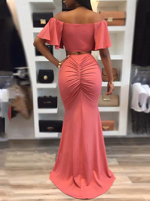 Sexy Drape Design Red Polyester Two Piece Skirt Set