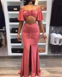 Sexy Drape Design Red Polyester Two Piece Skirt Set