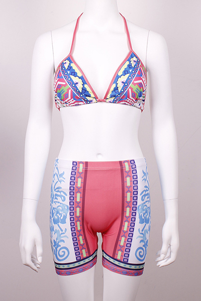 Sexy Halter Neck Lace-up High Waist Pink Two-piece Swimwear