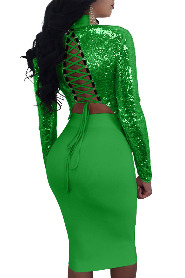 Sexy Mandarin Collar Lace-up Hollow-out Green Polyester Two-piece Skirt Set(Double Side Wear)