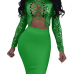 Sexy Mandarin Collar Lace-up Hollow-out Green Polyester Two-piece Skirt Set(Double Side Wear)