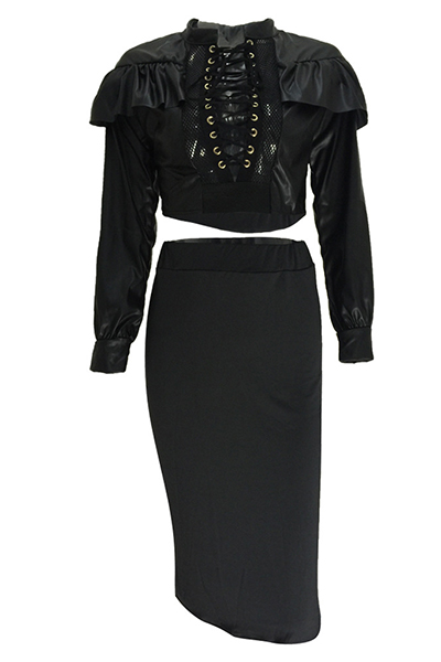 Sexy Mandarin Collar Long Sleeves Hollow-out Black Qmilch Two-piece Skirt Set