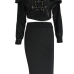 Sexy Mandarin Collar Long Sleeves Hollow-out Black Qmilch Two-piece Skirt Set