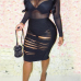 Sexy Mandarin Collar Long Sleeves Patchwork Hollow-out Black Gauze Two-piece Skirt Set