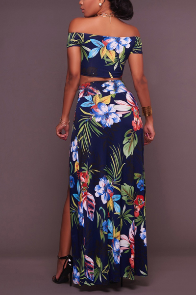 Sexy Printed High Split Cotton Two-piece Skirt Set