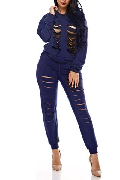 Sexy Round Neck Long Sleeves Hollow-out Blue Twilled Satin Two-piece Pants Set