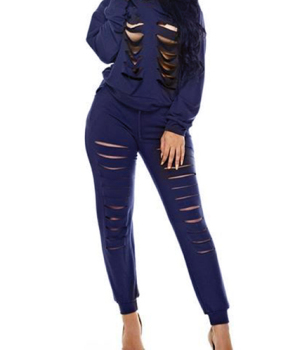 Sexy Round Neck Long Sleeves Hollow-out Blue Twilled Satin Two-piece Pants Set