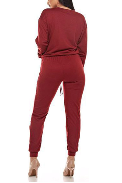 Sexy Round Neck Long Sleeves Hollow-out Red Twilled Satin Two-piece Pants Set