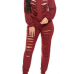 Sexy Round Neck Long Sleeves Hollow-out Red Twilled Satin Two-piece Pants Set