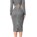 Sexy Round Neck Long Sleeves Lace-up Hollow-out Grey Polyester Two-piece Skirt Set