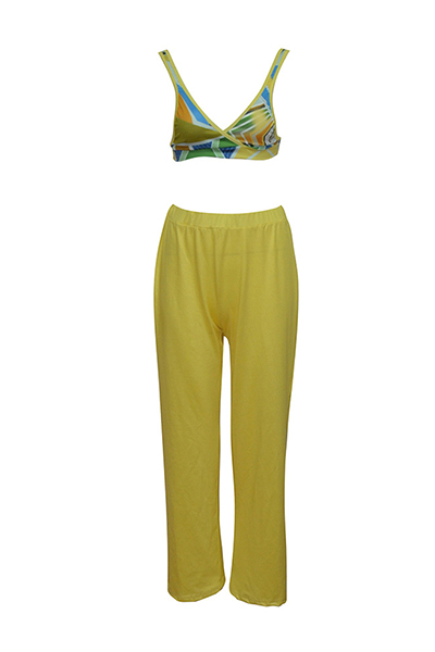 Sexy Round Neck Sleeveless Yarn splicing Yellow Qmilch Two-piece Pants Set