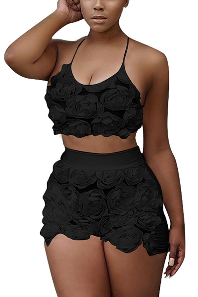 Sexy Sleeveless Rose Decorative Black Lace Two-piece Short Set