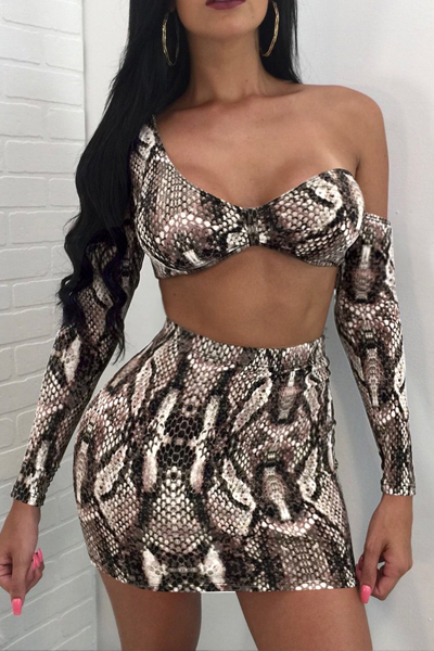 Sexy Snakeskin Printing Cotton Two-piece Skirt Set