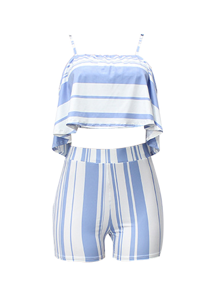 Sexy Spaghetti Strap Sleeveless Striped White Polyester Two-piece Shorts Set