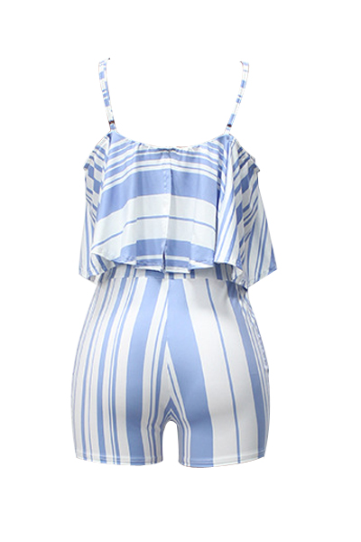 Sexy Spaghetti Strap Sleeveless Striped White Polyester Two-piece Shorts Set