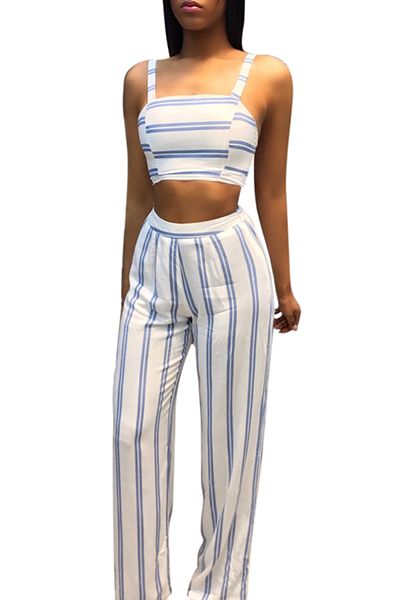 Sexy Striped Blue-white Milk Fiber Two-piece Pants Set