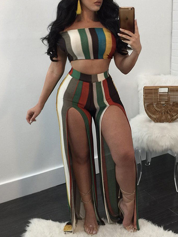 Sexy Striped Patchwork Milk Fiber Two Piece Pants Set