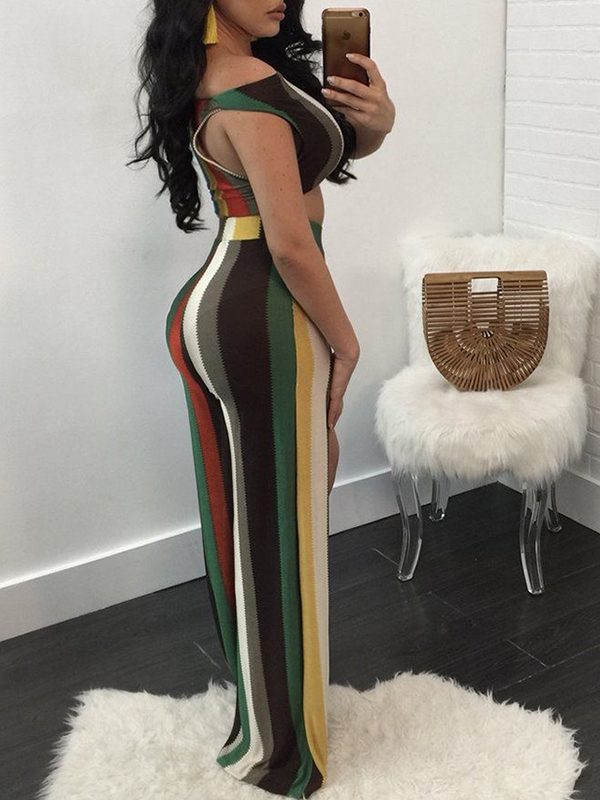 Sexy Striped Patchwork Milk Fiber Two Piece Pants Set