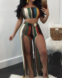 Sexy Striped Patchwork Milk Fiber Two Piece Pants Set