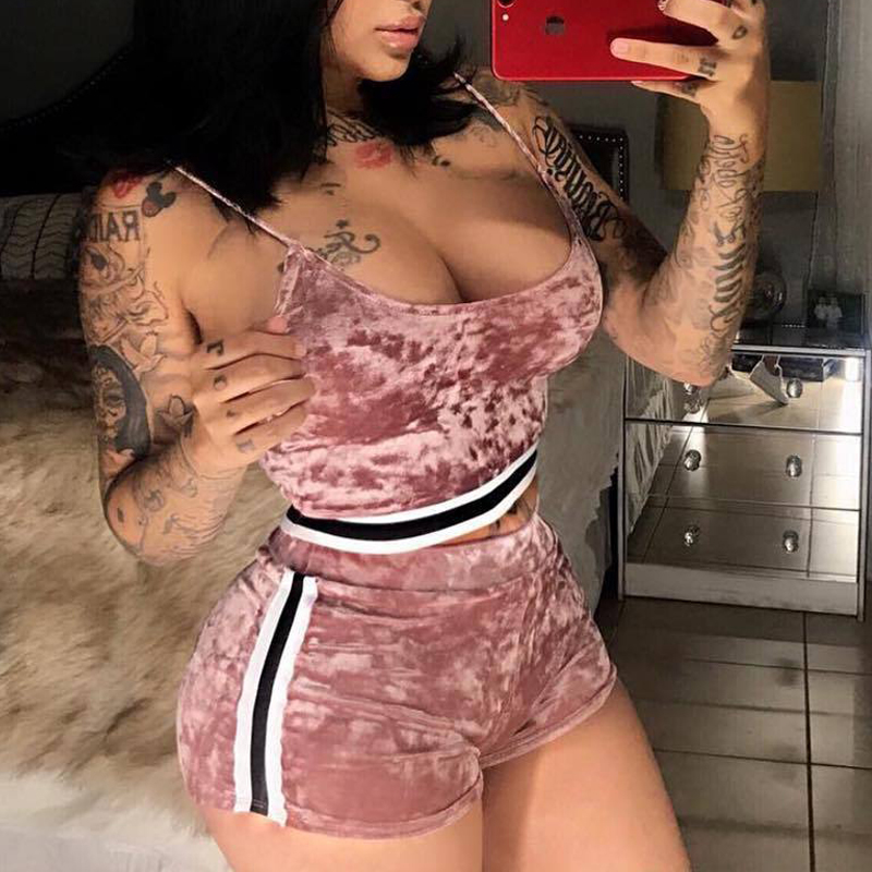 Sexy U-shaped Neck Patchwork Pink Velvet Two-piece Shorts Set