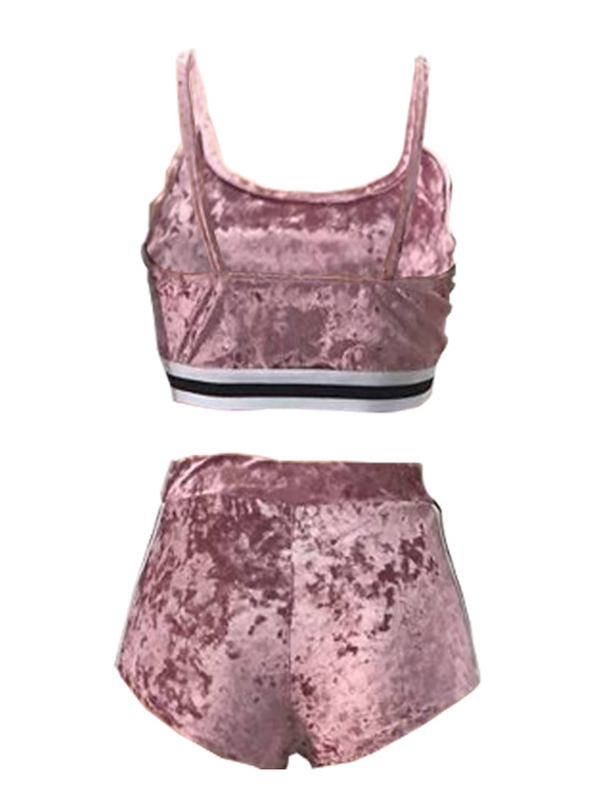 Sexy U-shaped Neck Patchwork Pink Velvet Two-piece Shorts Set