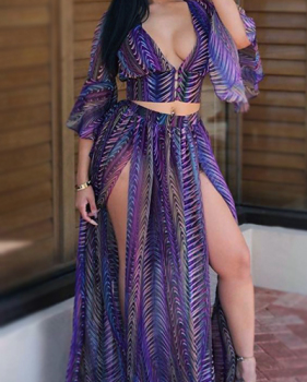 Sexy V Neck Half Sleeves Printed High SPlit Purple Chiffon Two-piece Skirt Set