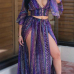 Sexy V Neck Half Sleeves Printed High SPlit Purple Chiffon Two-piece Skirt Set