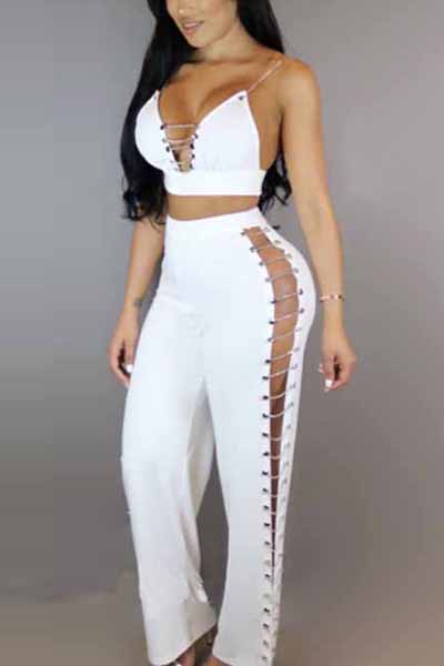 Sexy V Neck Hollow-out White Qmilch Two-piece Pants Set