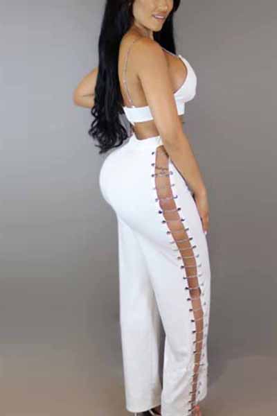 Sexy V Neck Hollow-out White Qmilch Two-piece Pants Set