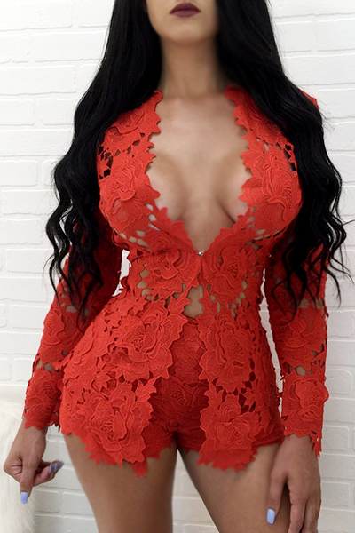 Sexy V Neck Long Sleeves Hollow-out Red Lace Two-piece Shorts Set