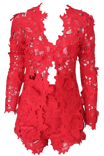 Sexy V Neck Long Sleeves Hollow-out Red Lace Two-piece Shorts Set