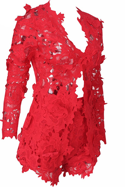 Sexy V Neck Long Sleeves Hollow-out Red Lace Two-piece Shorts Set