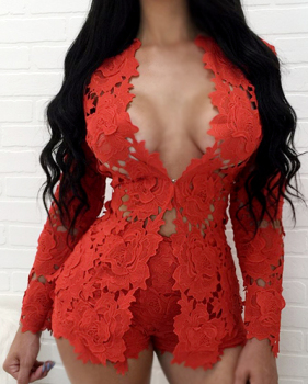 Sexy V Neck Long Sleeves Hollow-out Red Lace Two-piece Shorts Set