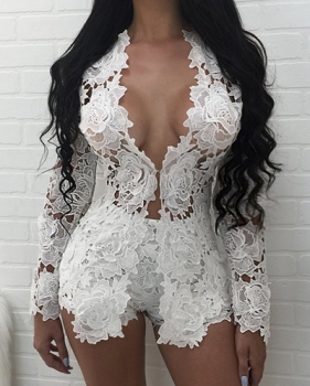 Sexy V Neck Long Sleeves Hollow-out White Lace Two-piece Pants Set