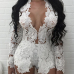 Sexy V Neck Long Sleeves Hollow-out White Lace Two-piece Pants Set