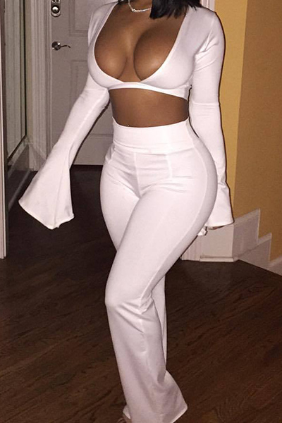 Sexy V Neck Long Sleeves White Cotton Blend Two-piece Pants Set Sheath Loose Pants