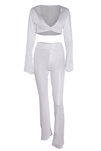 Sexy V Neck Long Sleeves White Cotton Blend Two-piece Pants Set Sheath Loose Pants