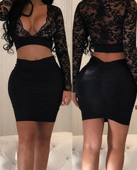 Sexy V Neck See-Through Black Bud Silk Two-piece Skirt Set