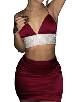 Sexy V Neck Sleeveless Patchwork Wine Red Satin Two-piece Skirt Set