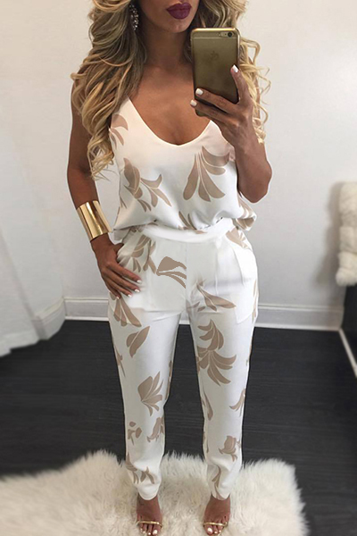 Sexy V Neck Spaghetti Strap Sleeveless Backless Khaki Polyester Two-piece Pants Set