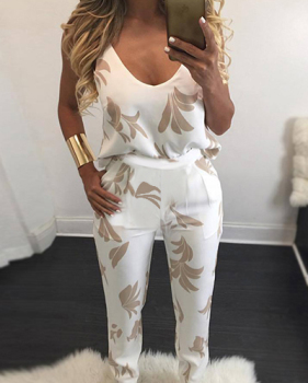 Sexy V Neck Spaghetti Strap Sleeveless Backless Khaki Polyester Two-piece Pants Set