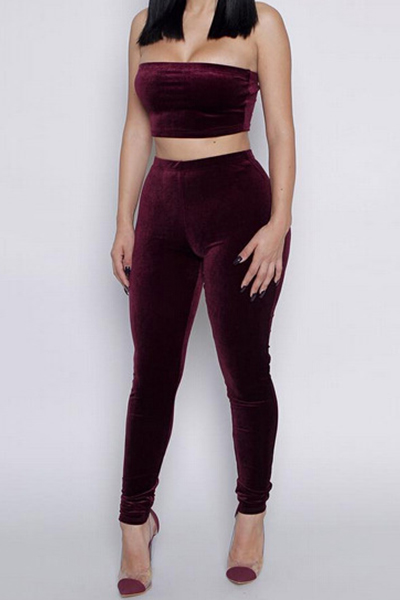 Solid Color Bateau Neck Sleeveless Wine Red Two-piece Pants Set