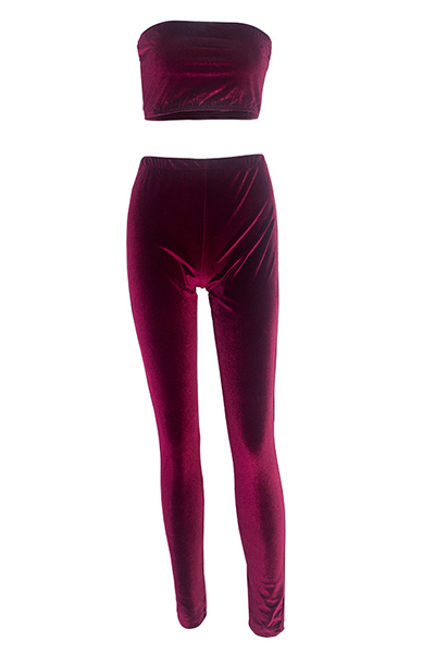 Solid Color Bateau Neck Sleeveless Wine Red Two-piece Pants Set