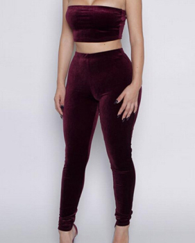 Solid Color Bateau Neck Sleeveless Wine Red Two-piece Pants Set